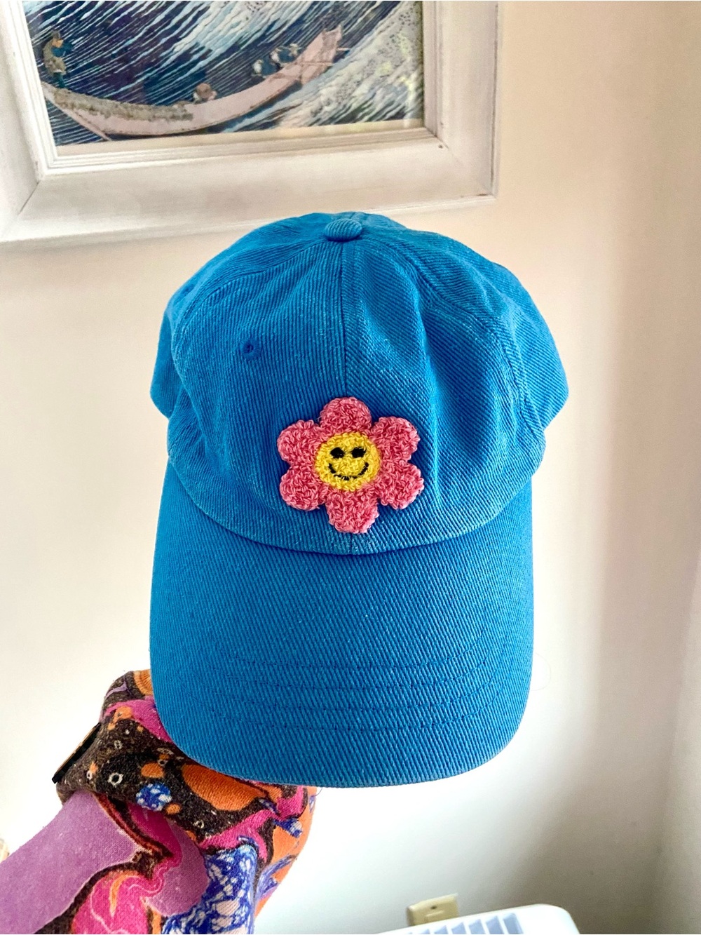 Teddy Fresh blue Turquoise Cap with Pink Smiley Flower Patch